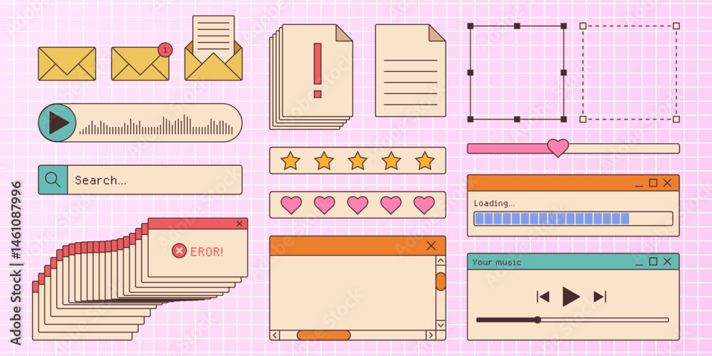 Poster retro browser window interface kit. ui components of music player, loading bar, dialog boxes, star a