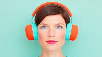 Woman wearing headphones with a blue and green headband. She is smiling and looking at the camera