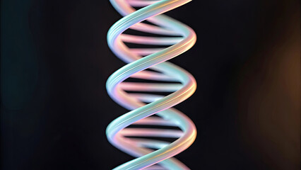 Glowing, abstract DNA helix structure with soft pastel colors on dark background, symbolizing science and innovation