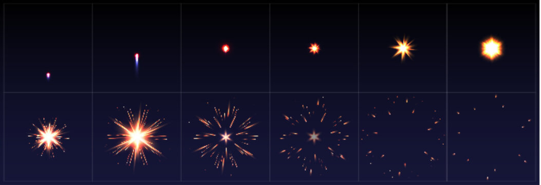 Firework explosion animation frames set - sparkling festive bursts and fiery flashes. Glowing particles, beams radiating from central point. Sequence of crackling light trails, dazzling flash effects.