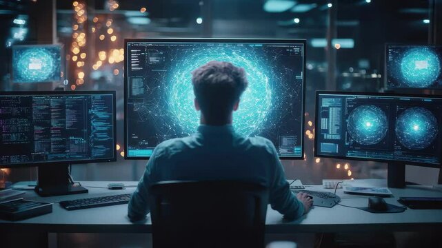 Man is sitting in front of a computer monitor with a blue circle on it. The computer monitors are all turned on and the man is focused on the screen. Scene is focused and intense
