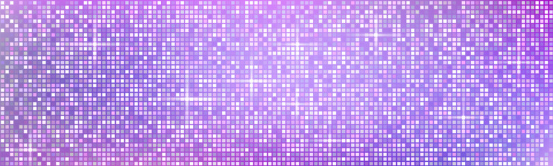 Pink and purple disco ball pattern. Vector realistic illustration of nightclub party banner background with mirror mosaic, light sparkles on square sequins, seamless glam glitter for disco design
