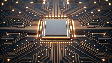 Fototapeta premium Close up of glowing microchip on circuit board, showcasing intricate gold pathways and futuristic technology