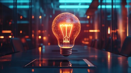 A startup pitch meeting where a glowing lightbulb hologram is projected from a tablet