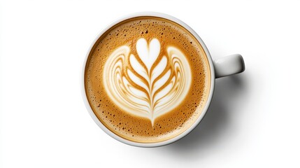 A delicious cappuccino with beautiful latte art in the shape of a heart and leaves sits on a clean white surface, creating a warm and inviting morning scene.