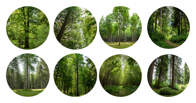Diverse Forest Landscapes Featuring Vibrant Greenery and Natural Light, Bundle Set Collection, Isolated on Transparent Background
