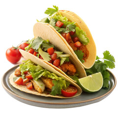 Mouthwatering Tacos Filled with Fresh Lettuce, Juicy Tomatoes, and Lime Wedges – Perfect Mexican Street Food Served on a Plate – Ideal for Food Blogs, Restaurant Menus, and Fiesta Themes
