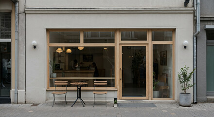 Modern minimalist cafe exterior with inviting street-level facade and clean architectural lines