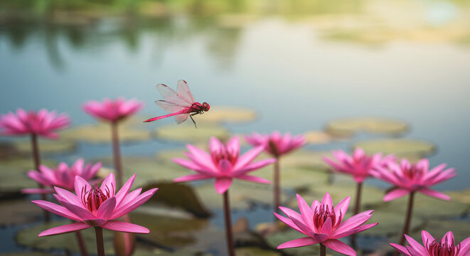 Pink Lotus Flowers with a Red Dragonfly Floating Above Water Lily Pads and Reflective Surface Under Soft Sunlight - Powered by Adobe