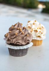 A duo of gourmet cupcakes with creamy frosting and golden decorations, minimal setting
