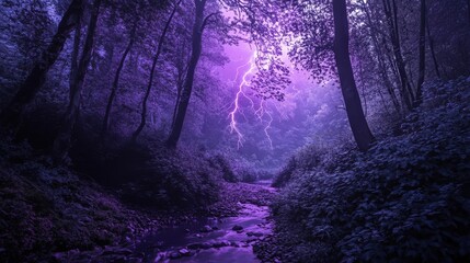 Fototapeta premium Mysterious forest with purple skies and lightning over a peaceful stream
