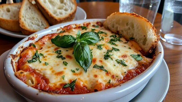 Delicious Baked Ziti Pasta Dish with Melted Mozzarella and Toasted Bread