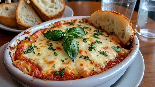 Delicious baked ziti with tomato sauce and melted mozzarella cheese for food lovers