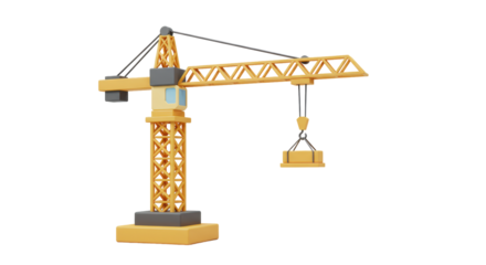 Isolated Yellow Construction Crane Lifting Load Cartoon Style