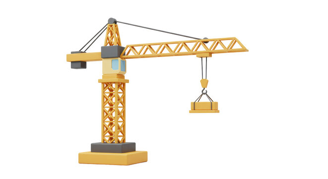Isolated Yellow Construction Crane Lifting Load Cartoon Style