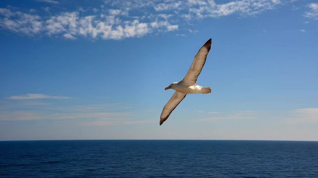 An albatross glides effortlessly over the serene ocean waters, capturing the essence of freedom and grace, embodying the beauty of nature and the vastness of the horizon.