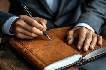 Man writes with pen in leather journal, wearing gray suit jacket. Use this in blogs about business, journaling, or personal finance.