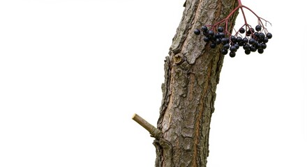 Detailed view of ripe elderberries hanging on a tree trunk against white