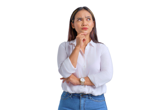 Pensive young Asian woman touching his chin, thinking about question isolated on transparent background