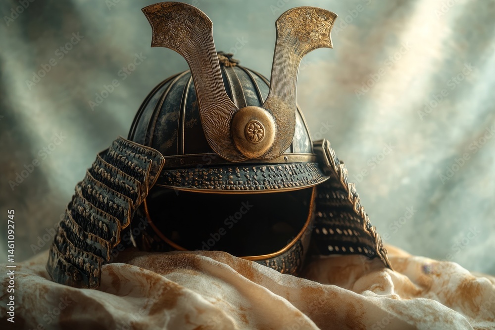 Poster Ancient samurai helmet on a draped fabric surface.