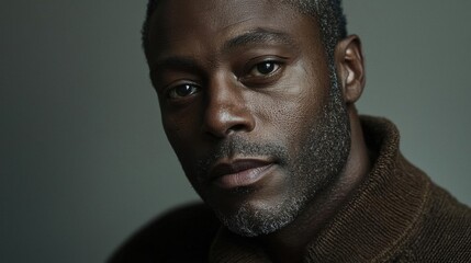 Close-up portrait of a man's face. he appears to be african-american and has a serious expression on his face. his eyes are looking directly at the camera and his eyebrows are slightly furrowed.