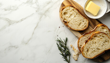 Slices of tasty bread with butter on white tile