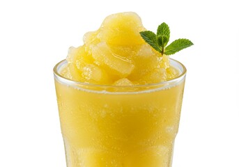 Invigorating yellow fruit smoothie in glass with mint on pure white background