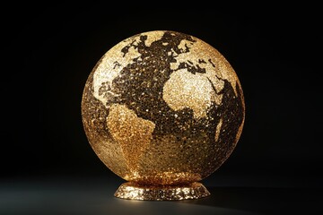 Sparkling, golden globe with land masses. Use to illustrate global success, wealth.