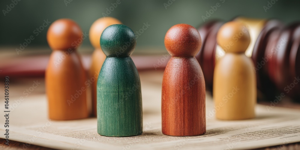 Poster minimalist conflict resolution symbolic wooden mediation figures visualizing interpersonal dynamics,