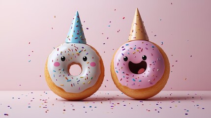 Cartoon donuts with joyful faces celebrate a festive occasion with colorful sprinkles and party hats. National Donut Day