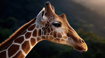 Obraz premium Cinematic portrait of a giraffe at golden hour, the sun perfectly aligned behind its head, glowing rim light outlines the form, strong shadows add depth and drama