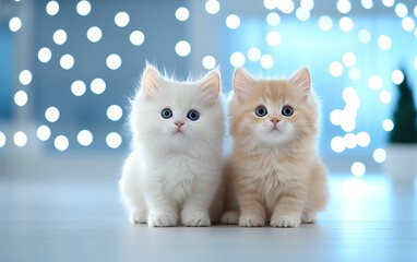Two adorable kittens, one white and one orange, in a festive setting