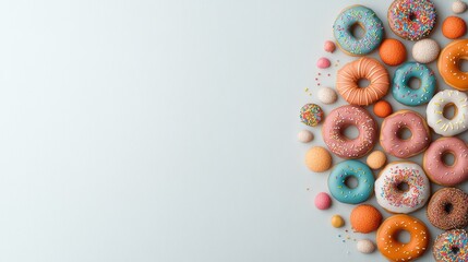 Colorful assortment of donuts decorated with sprinkles and candy arranged beautifully on a light backdrop. National Donut Day