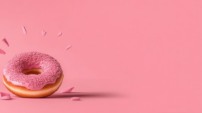 Colorful donut with pink frosting surrounded by sprinkles on a vibrant pink background showcasing a playful dessert experience. National Donut Day - Powered by Adobe