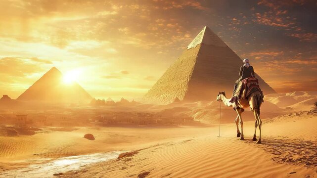 Man is riding a camel in front of the pyramids of Egypt. The sun is setting in the background, creating a warm and peaceful atmosphere