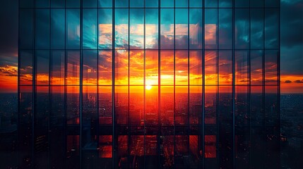 Architectural detail of reflective skyscraper at dusk, warm tones and grid pattern of windows capturing soft sky hues and structural contrast  