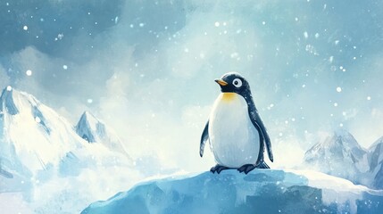 Fototapeta premium A solitary penguin stands on a snowy ice peak amidst a breathtaking icy landscape under a cloudy sky