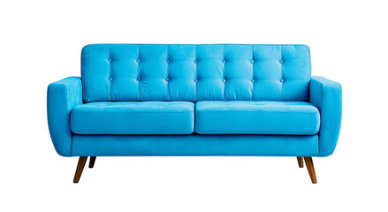 Fototapeta premium Png of A stylish blue sofa with button tufting and wooden legs, perfect for modern home decor.