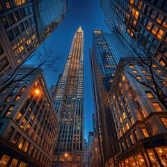 City skyline at twilight. Skyscrapers illuminated at night