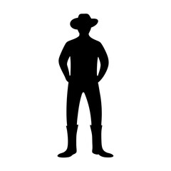 Silhouette of a Farmer Wearing a Hat and Boots Stands Confidently
