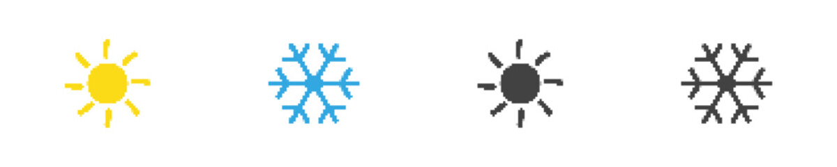 Obraz premium Set icon climate. Sun and snowflake in pixel art. Cold and heat graphic symbol. Weather icon in vector pixel style. Temperature illustration