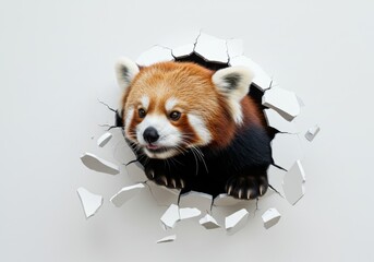 Obraz premium Red panda bursts through a white wall, creating a striking breakthrough