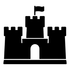 Obraz premium A simple stylized black and white castle icon with a flag