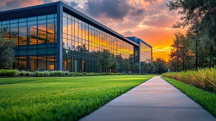 Obraz premium Contemporary business park exterior with reflective windows, shot at ground level with vibrant lighting, well-maintained lawn and trees lining pedestrian path, professional setting 