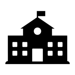 Symmetrical Black School Building Silhouette with Flag on Top and Windows