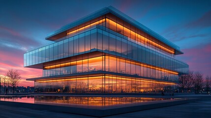 Obraz premium Contemporary glass building at dusk with city reflections, warm interior lighting blending with sunset glow, wide-angle perspective emphasizing transparency and depth 