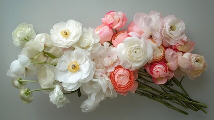 Close-up of a bouquet of flowers. the bouquet is made up of a variety of flowers, including white and pink roses.