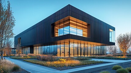 Fototapeta premium Contemporary tech facility with dark metal exterior, shot at low angle on bright clear day, minimalist design with linear windows and landscaped surroundings 