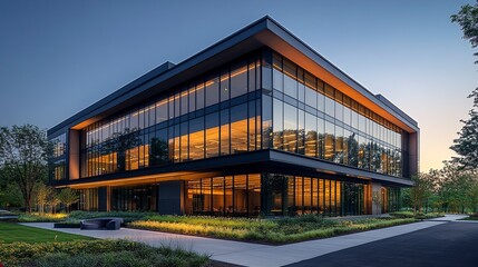 Obraz premium Contemporary two-story corporate headquarters with sleek black facade and illuminated windows, captured during golden hour with clear architectural lines 