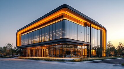 Fototapeta premium Contemporary two-story office complex with minimalist design and large windows, golden hour lighting casting soft shadows across empty parking lot 